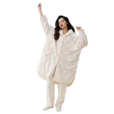 Imagem de Roupão de veludo coral xadrez feminino conjunto de roupa de casa engrossado cardigã botão de resina frente curta atrás design longo, branco-M