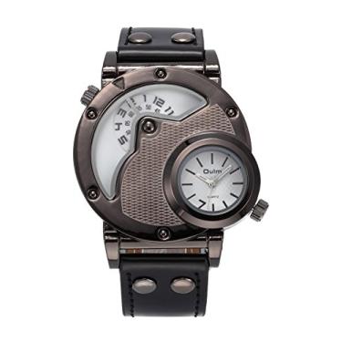 Imagem de ShoppeWatch Relógio de pulso masculino grande Steampunk Dual Time quartzo pulseira de couro preto mostrador branco OM-216, Branco, Movimento de quartzo