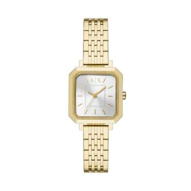Imagem de Armani Exchange AX Relógio feminino, relógio quadrado feminino com pulseira de aço inoxidável ou couro, Dourado, Leila