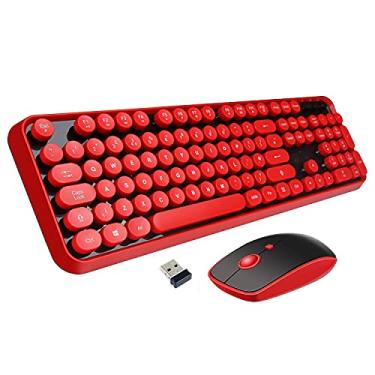 Imagem de Combo de teclado sem fio, teclado vermelho sem fio de 2,4 GHz com chave estilo máquina de escrever retrô 104 e lindo mouse com 3 DPI ajustáveis, compatível com PC, computador, laptop, desktop, notas