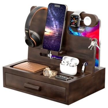 Imagem de melafa365 Organizador de mesa de cabeceira para homens, organizador de estação de ancoragem para telefone com gerenciamento de cabos, organizador de mesa de cabeceira com gaveta, organizador de