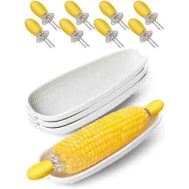 Imagem de Artcome Conjunto De Pratos Cerâmica Para Milho Com 8 Suportes Espigas - Pacote 4 Design Em Relevo, Durável E Lavável Na Máquina Lavar Louça Churrasco, Piqueniques Refeições Família