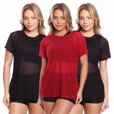 Imagem de Kit 3 Blusa Manga Curta Tule Transparente Treino Academia Fitness - MC