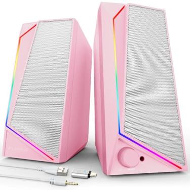 Imagem de LENRUE Alto-falantes de computador, alto-falantes de PC alimentados por USB/USB-C com som estéreo alto, entrada de fone de ouvido para desktop, laptop, monitor (adaptador tipográfico C incluído)