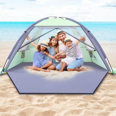 Imagem de HAPPY TRAVEL Tenda De Praia Com Abrigo Solar Para 3/4/5/6/7/8 Pessoas, Cobertura Portátil Proteção Uv Fps 50+, Sombra Família E Bebê, Cabana Leve Fácil Montar 3 Janelas Malha Ventilação