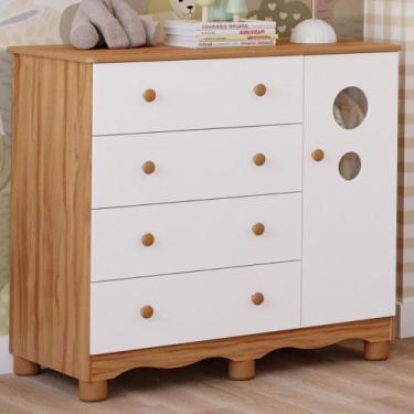 Imagem de Cômoda Infantil Bolinha 1 Porta 4 Gavetas MDF Faura, Amendoa/Branco