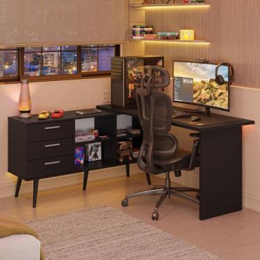 Imagem de Escrivaninha Em L Mesa Para Computador Gamer 3 Gavetas Lisboa Madesa, 