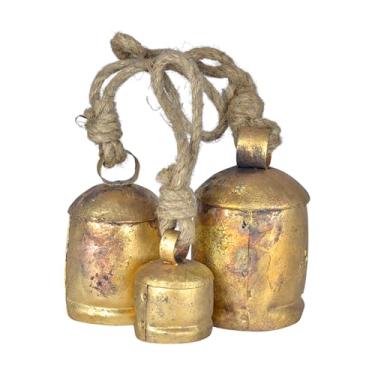 Imagem de Vivanta Conjunto de sino de vaca de 7,6 – 6,3 cm, 11,4 cm, 14 cm de metal rústico para artesanato com corda de juta – ouro vintage, enfeite de decoração de Natal, fazenda, guirlanda de porta, sino