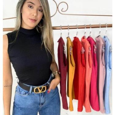 Imagem de blusa feminina gola alta manga cavada sem bojo malha canelada estilo -