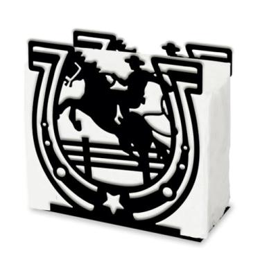 Imagem de SUPERDANT Suporte de guardanapo de cowboy ocidental para mesas ferradura porta-guardanapos de coquetel montando cavalo dispensador de lenços mesa de jantar para cozinha bancada restaurante decoração