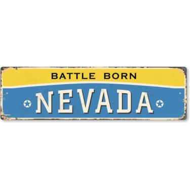 Imagem de SmartSign Placa de metal vintage do estado de Nevada 10 x 35,5 cm "Battle Born", alumínio à prova de ferrugem de 40 mil com sobretudo transparente, decoração de parede retrô, multicolorido