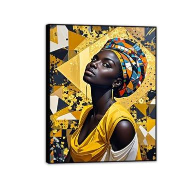 Imagem de Arte de parede afro-americana emoldurada pôsteres de mulher africana pintura em tela menina negra para decoração de sala de estar 65 x 50 cm (26 x 19 pol) moldura preta