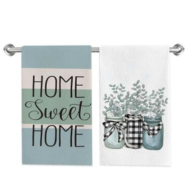 Imagem de Conjunto de 2 toalhas de prato Home Sweet Home, toalhas de mão de eucalipto em vaso 45 x 71 cm, panos de prato de secagem de férias de verão para cozinha, banheiro, decoração de casa, presentes de