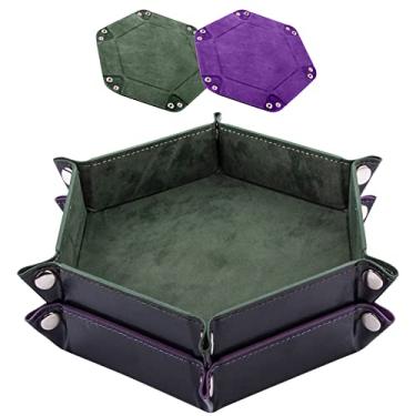 Imagem de SIQUK 2 bandejas de dados de couro PU bandeja de dados portátil dobrável hexagonal para jogos de dados como RPG, DND e outros jogos de mesa (verde escuro, violeta)