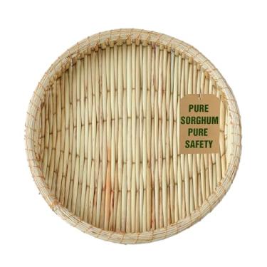 Imagem de ICOFUPO Cesta redonda de vime tecida à mão com palha de sorgo natural – organizador de armazenamento rústico versátil para cozinha, frutas, pão e vegetais em estilo boho