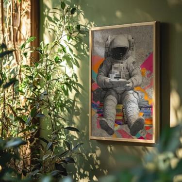 Imagem de Quadro Decorativo Astronauta Leitor Com Moldura Espaço Livros Colorido Criativo Pop Art Estudo Leitura Geek Nerd Quarto Escritório Decoração