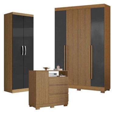 Imagem de Guarda Roupa Casal 2030240 Com Armário Multiuso 2000192 Atacama Grafite E Cômoda 2014143 Atacama - Aramóveis