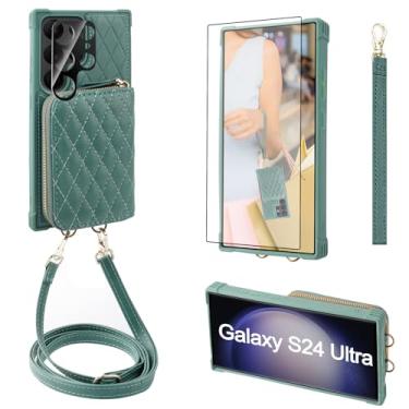 Imagem de MONASAY Capa tipo carteira transversal compatível com Samsung Galaxy S24 Ultra de 6,8 polegadas [lente de vidro e protetor de tela] Capa de telefone com zíper com suporte para cartão e alça de alça de