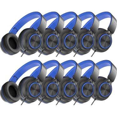 Imagem de MIXCU Fones de ouvido para crianças em idade escolar, pacote com 10, fones de ouvido com fio para sala de aula, com microfone, dobrável, faixa de cabeça ajustável, conector de 3,5 mm (azul)