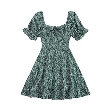 Imagem de Floerns Vestido curto feminino de verão com cordão e gola redonda e manga bufante, Verde escuro, M