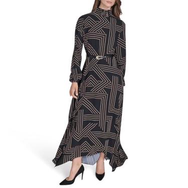 Imagem de H HALSTON Vestido longo feminino com manga bispo e gola redonda, Preto/mel, 48