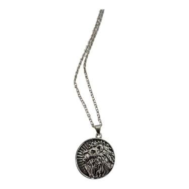 Imagem de Colar com pingente de medalhão de leão vintage, corrente de prata antiga, design de moeda redonda