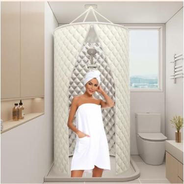 Imagem de Cortina de chuveiro dobrável portátil, 100 x 200 cm, poliéster impermeável com revestimento de prata peptídeo de alumínio, fácil instalação, economia de espaço para banheiros pequenos e viagens (bege)