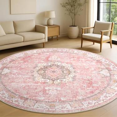 Imagem de Castage Tapete redondo rosa de 1,8 m, tapetes grandes para sala de estar, quarto, sala de jantar, lavável, boêmio, vintage, boêmio, envelhecido, oriental, floral, antiderrapante, flores florais