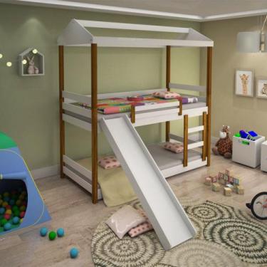 Imagem de Beliche Infantil Solteiro Manuela com Escorregador Branco e Mel - MADE