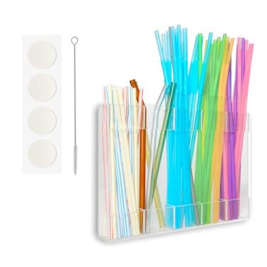 Imagem de Organizador de canudo Suporte de acrílico para porta de armário com fita adesiva dupla face reutilizável dispensador de recipiente de armazenamento de canudo para armário de balcão cozinha