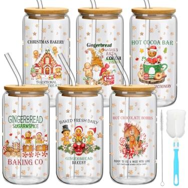 Imagem de Yetene Conjunto de 6 copos de vidro de Natal para homem de gengibre, decoração de Natal, 473 ml, copos de café gelado com tampas e canudos, 2 pincéis para smoothie café gelado, leite, cerveja, vinho