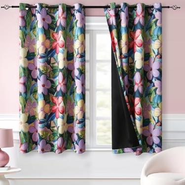 Imagem de Cortinas blecaute florais roxas tropicais 137 cm de comprimento com bloqueio de calor, cortinas coloridas de flor de hibisco lavanda brilhante com amarradores, cortinas curtas de privacidade, ilhós