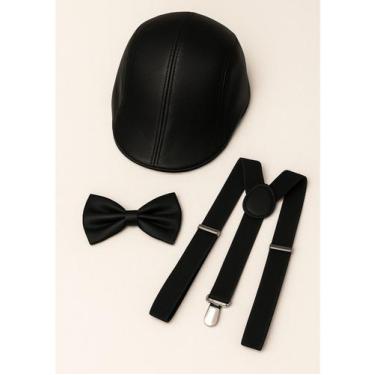 Imagem de Kit Boina Couro+ Suspensório+ Gravata Borboleta - GENERICA, Preto, ADU