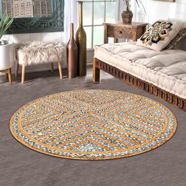 Imagem de Lightnpro – Tapete trançado de algodão de juta boêmia 1,2 m redondo – Tapete circular de algodão para cozinha, quarto de crianças, sala de jogos | Tapete colorido e reversível tecido à mão para