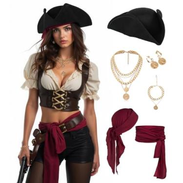 Imagem de UQJE Chapéu de pirata autêntico para mulheres, adulto, couro, tricórnio, acessório de fantasia colonial de Halloween, Preto - 2, tamanho �nico