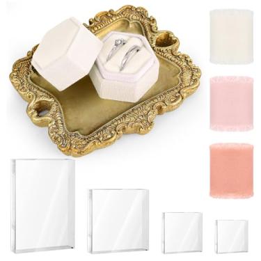 Imagem de Conjunto de 9 peças de adereços planos inclui 1 prato de joias, 1 caixa de anel, 4 blocos de acrílico, adereços planos de casamento, 3 fitas de seda de chiffon para festa nupcial, fotógrafo, detalhes