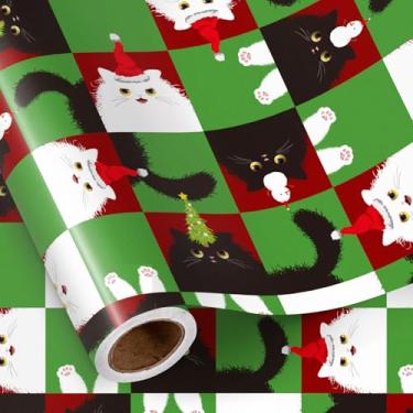 Imagem de LeZakaa Rolo de papel de embrulho de Natal verde, gato preto e branco divertido xadrez com design de chapéu de Papai Noel, para Natal, inverno, amantes de gatos, crianças, famílias, mini rolo 43 x