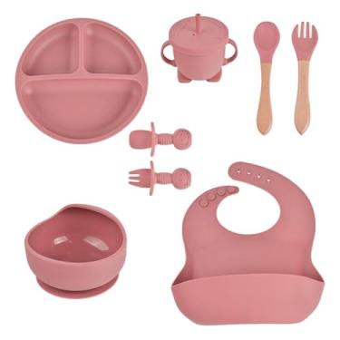 Imagem de Kit Alimentação Infantil em Silicone 8 Peças | Prato com Ventosa, Talheres, Copo, Babador e Tigela | BPA Free, Antiderrapante e Seguro para Bebês (Vinho)