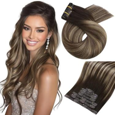 Imagem de Moresoo Extensões Sem Costura Clip Em Cabelo Humano Castanho Balayage Trama Pu Ombré Escuro Loiro Caramelo 7 Peças/120G 22 Polegadas