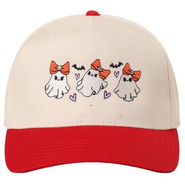 Imagem de MIRMARU Boné de caminhoneiro bordado de Halloween com 5 painéis, dois tons, ajustável, boné de beisebol para homens e mulheres (três lindos fantasmas de Halloween, VERMELHO/NATL)