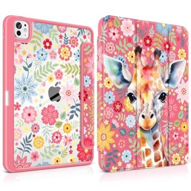 Imagem de Loyrina Capa para iPad Pro de 13 polegadas (M4) versão 2024, fina, leve, fofa, rosa choque, suporte para lápis, borda de TPU transparente, suporte de três dobras, girafa