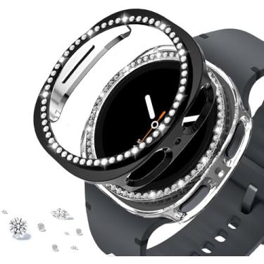 Imagem de DEALELE [Pacote com 2 capas compatíveis com Samsung Galaxy Watch 8 de 44 mm, capa protetora de PC de diamante de linha única brilhante para reposição (44 mm, preto + transparente)