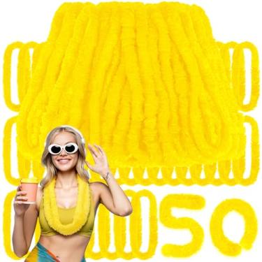 Imagem de Janinka 50 peças de colares havaianos para festa de Luau, colares de flores tropicais de 91 cm de plástico para verão na praia, festas na piscina e eventos temáticos tropicais (amarelo)