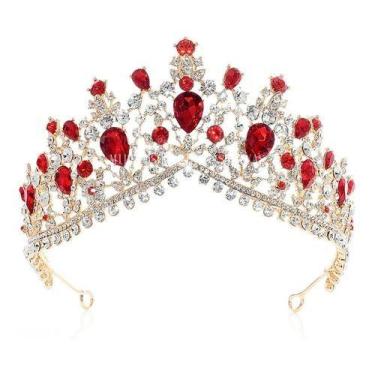 Imagem de Coroa Tiara Noiva Debutante Porta Coque vermelha Dourado T7, Dourado