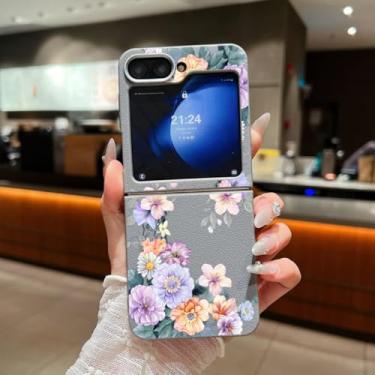 Imagem de Capa para Samsung Galaxy Z Flip 3 com estampa floral, textura de couro, dobrável, capa de celular de TPU macio (para Samsung Galaxy Z Flip 3/A743 cinza)
