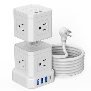 Imagem de TOPREK Filtro de linha com USB, torre de alimentação com 9 AC, 1 USB-C, 3 USB-A, extensor de saída conversível e bloco de carregamento de computador com cabo de extensão de plugue