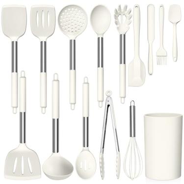Imagem de LIANYU Conjunto de 15 utensílios de cozinha com suporte, utensílios de cozinha de silicone com cabo de aço inoxidável, ferramentas de espátula resistentes ao calor, colher de escova, espátula