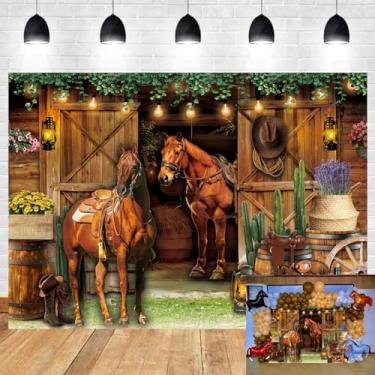 Imagem de Pano de fundo de cowboy ocidental do oeste retrô casa de cavalo de madeira porta de celeiro fotografia tema cowboy adultos crianças faixa de festa de aniversário decoração suprimentos (20 x 1,8 m)