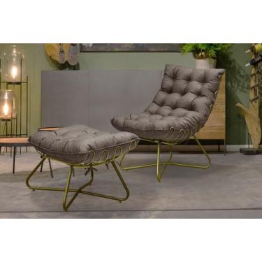 Imagem de Poltrona Costela Luxo com Puff Eva Dourado - Linho Marrom - METAL MOVE