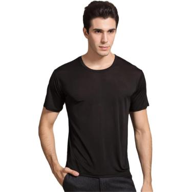 Imagem de Camiseta Masculina 100% Real Seda Casual Camiseta De Manga Curta Gola Redonda, Black, XL